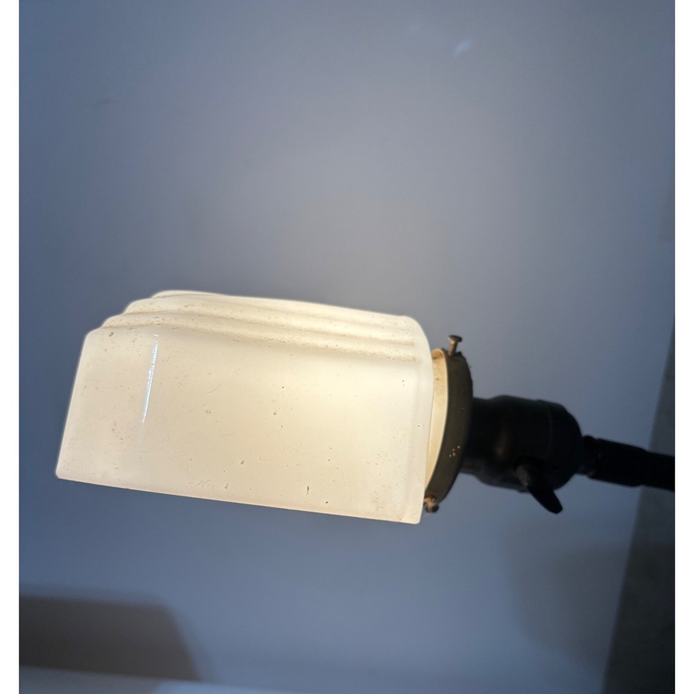 Vintage Art Deco Gooseneck Desk Lamp Cast Metal Shell Base Milk Glass Step Shade - Picture 2 of 9